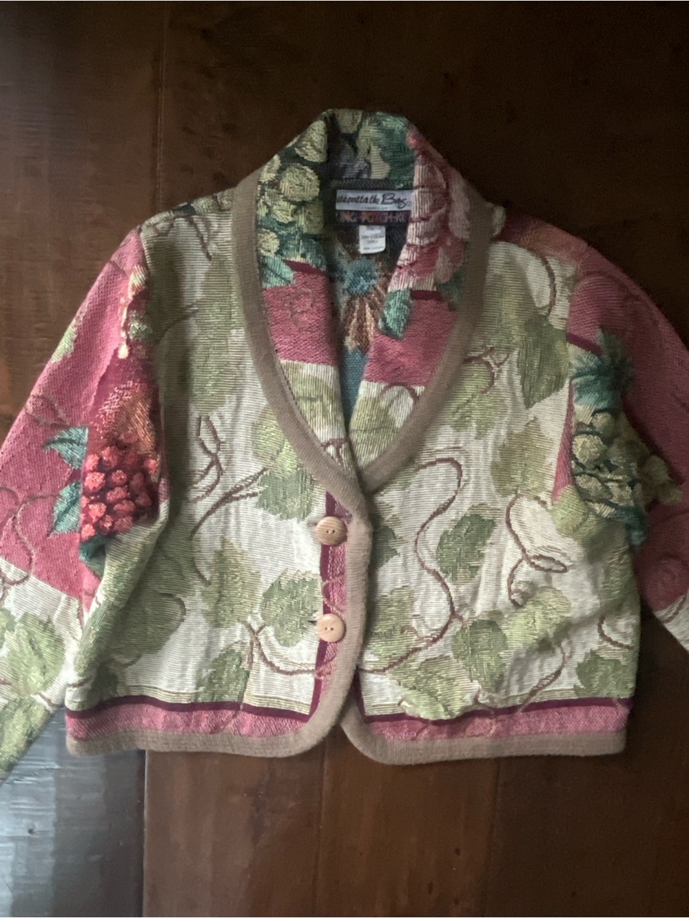 Vintage 1990’s grape vines cotton tapestry cropped jacket with shawl collar